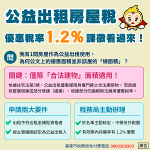 稅務天地/ 公益出租僅限合法建物 可適用優惠稅率1.2%課徵房屋稅