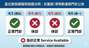 清明連假 北榮桃園分院依門診表正常開診