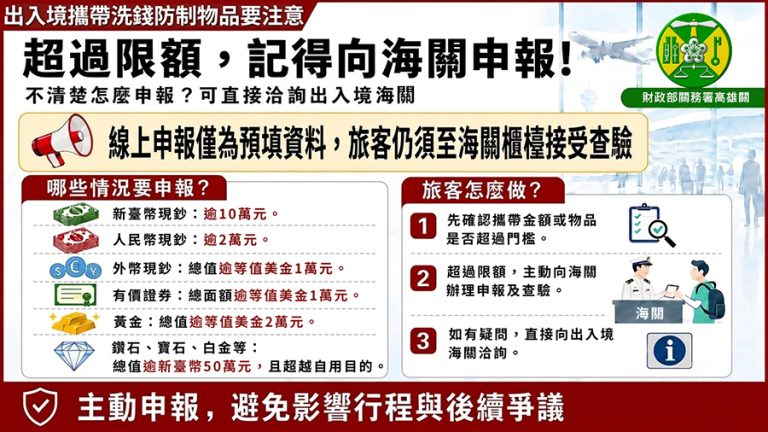 帶現鈔貴重物品出入國境需依規定完成申報