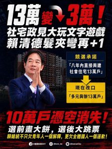 13萬變3萬社宅政見大跳票 國民黨：賴清德政策髮夾彎前 應先向青年道歉