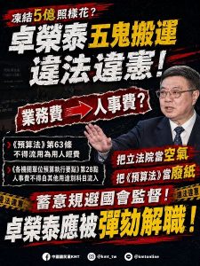 「連川普都羨慕」卓榮泰違憲惡名丟臉國際 國民黨：無法無天的「超級行政否決權」必須停止！