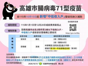高市擴大腸病毒71型疫苗接種補助 逾3百名嬰幼兒受惠