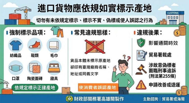 高雄關籲請進口人應依規定正確標示產地　確保通關順暢